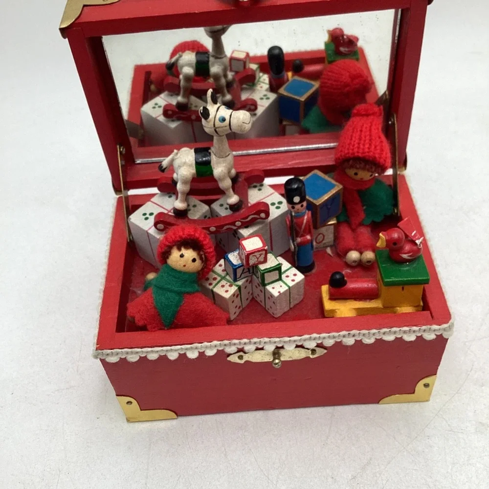 Vintage Christmas Toy Shop Musical Jewelry Box Red Wood Trunk Rocking Horse
